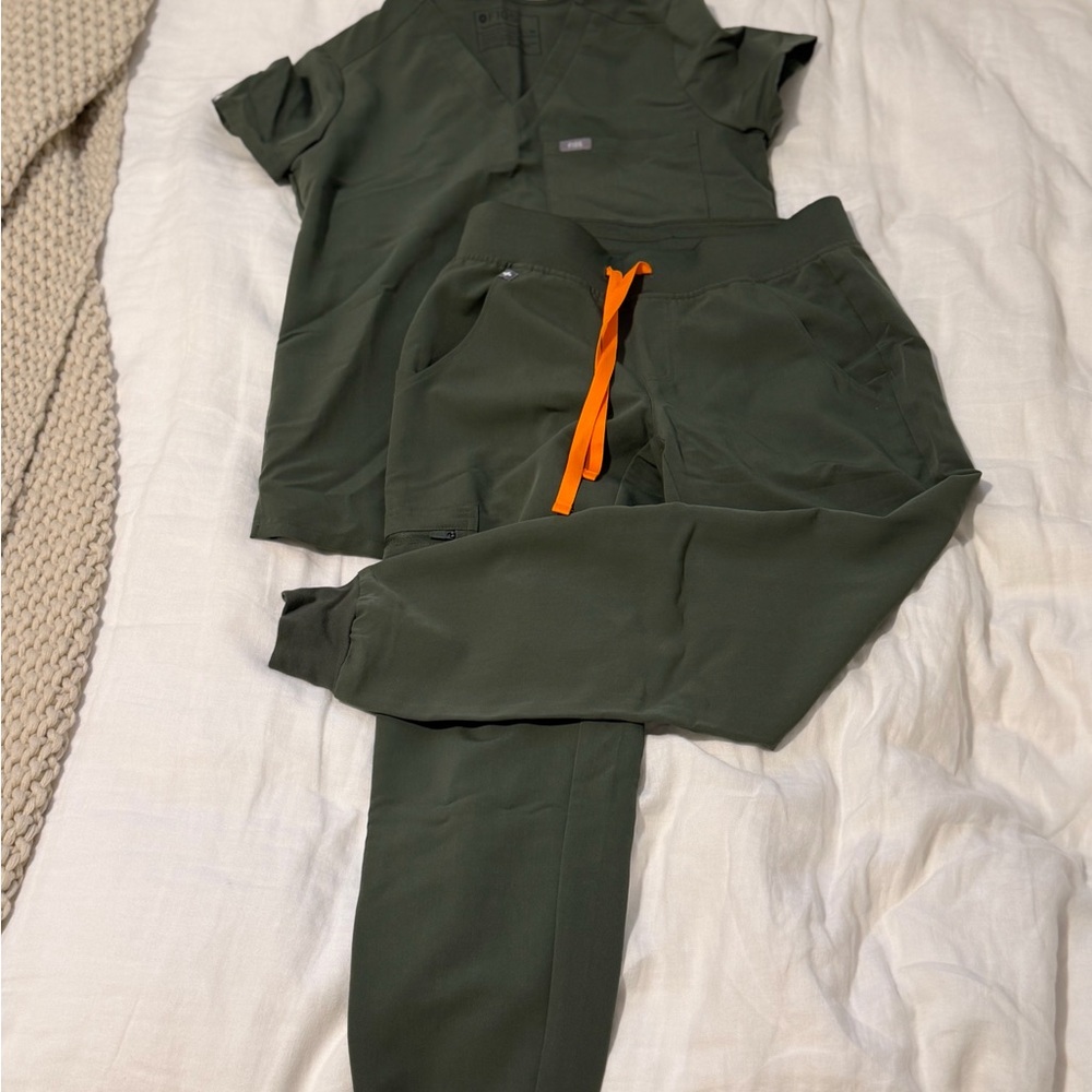 Figs Olive Green Jogger Pants with Orange Drawstring